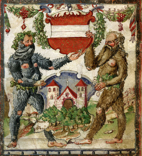 Historische Zeichnung: zwei Personen halten ein Wappen.